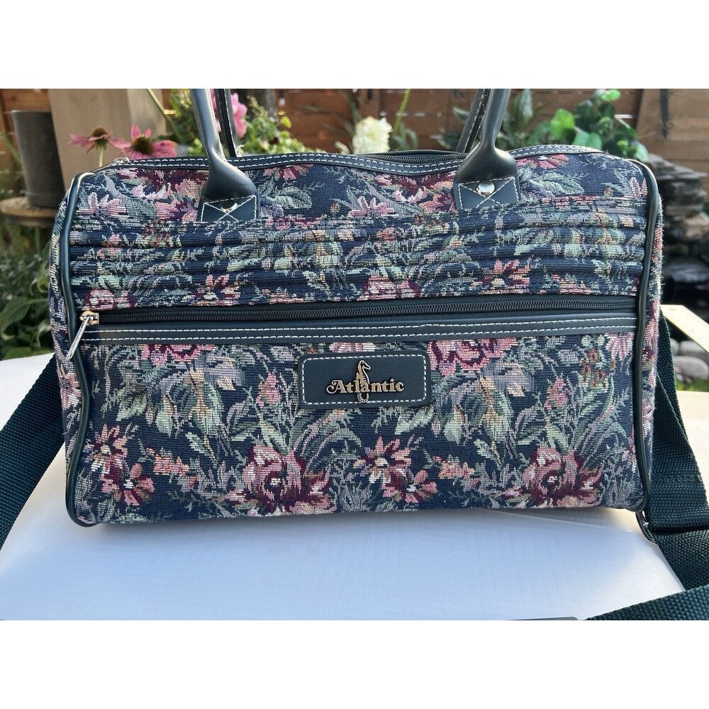 1990s Vintage Atlantic Floral Tapestry Carry On Weekender Travel Bag 15”